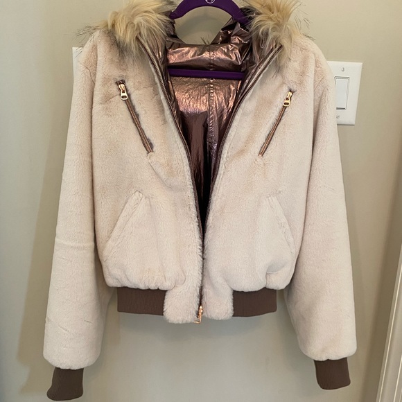 Ramy Brook Julian Reversible Jacket Faux Fur& Rose Gold Metallic Bomber Small - Picture 7 of 14